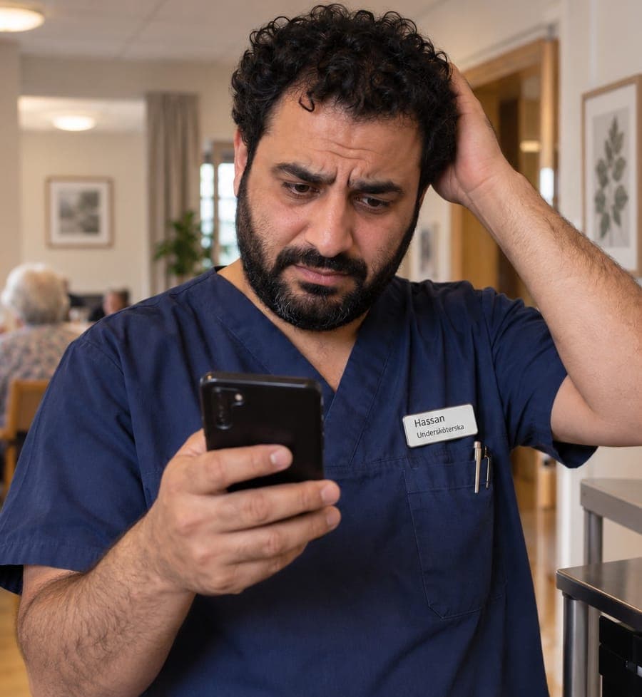 Hassan, undersköterska, står i en korridor på ett äldreboende och tittar bekymrat på sin mobil med handen i håret.