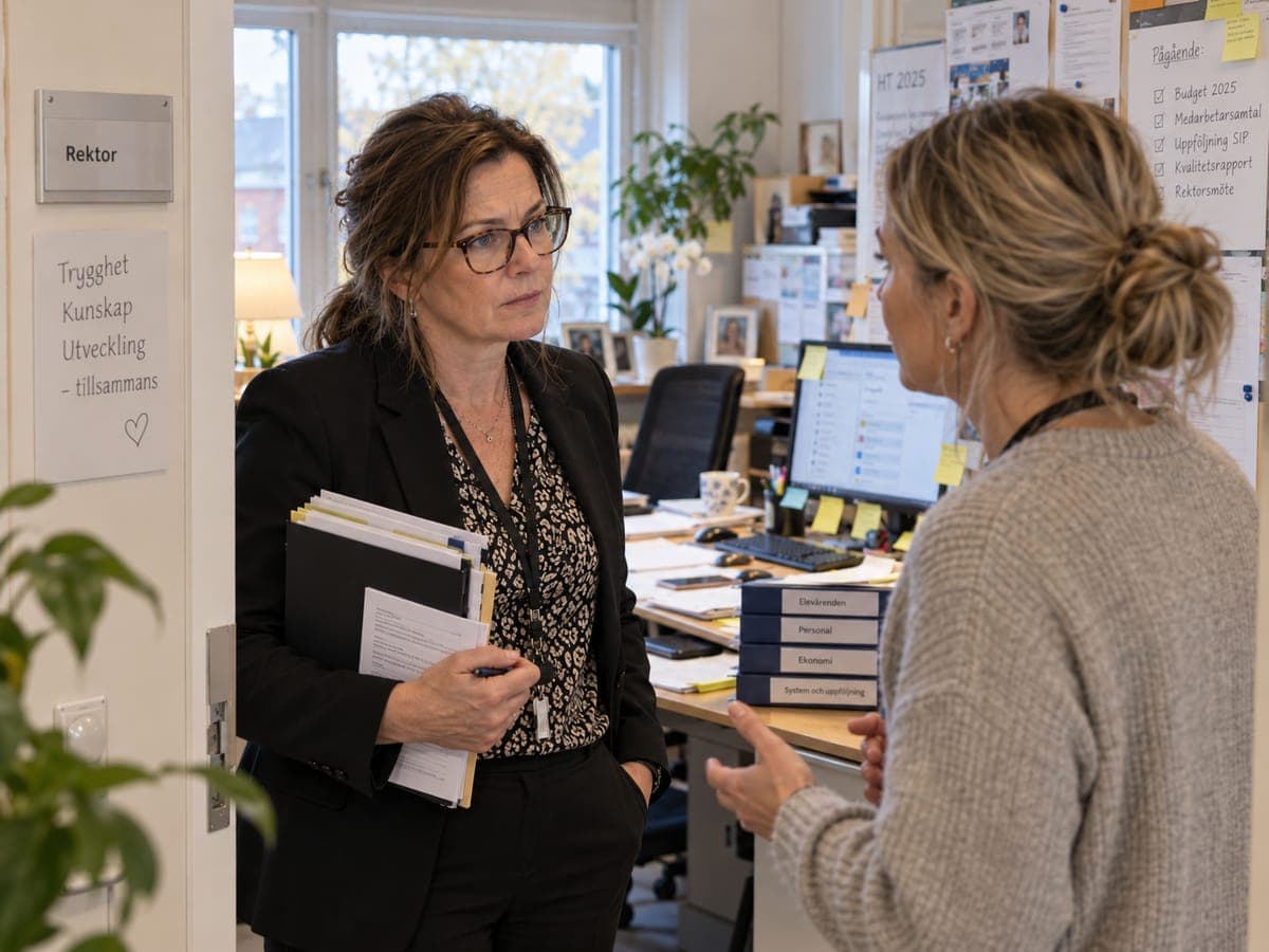 Hillevi, rektor, står i dörren till sitt kontor med en trave pärmar i famnen och lyssnar på en kollega. Bakom henne pärmar märkta elevärenden, personal, ekonomi och system och uppföljning.